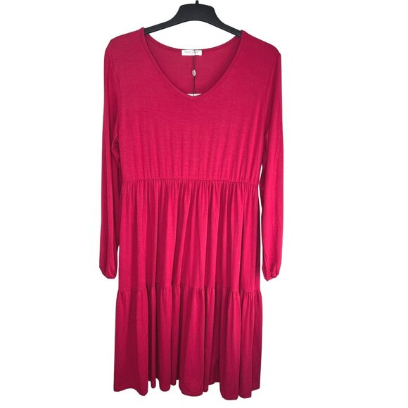 Smallshow Red Rayon & Spandex Long Sleeve V-Neck Tiered Maternity Dress - Picture 3 of 14